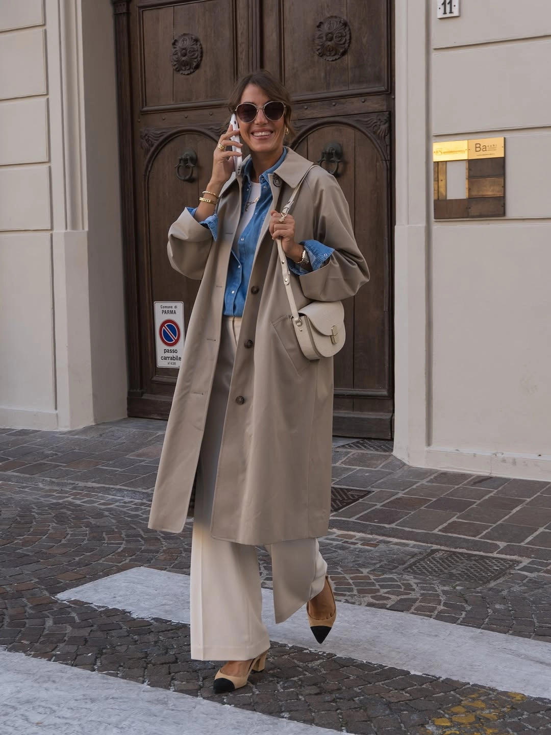 Trench coat fall outfits 2026 + Beige Trench With Chambray Blue And Wide Cream Trousers