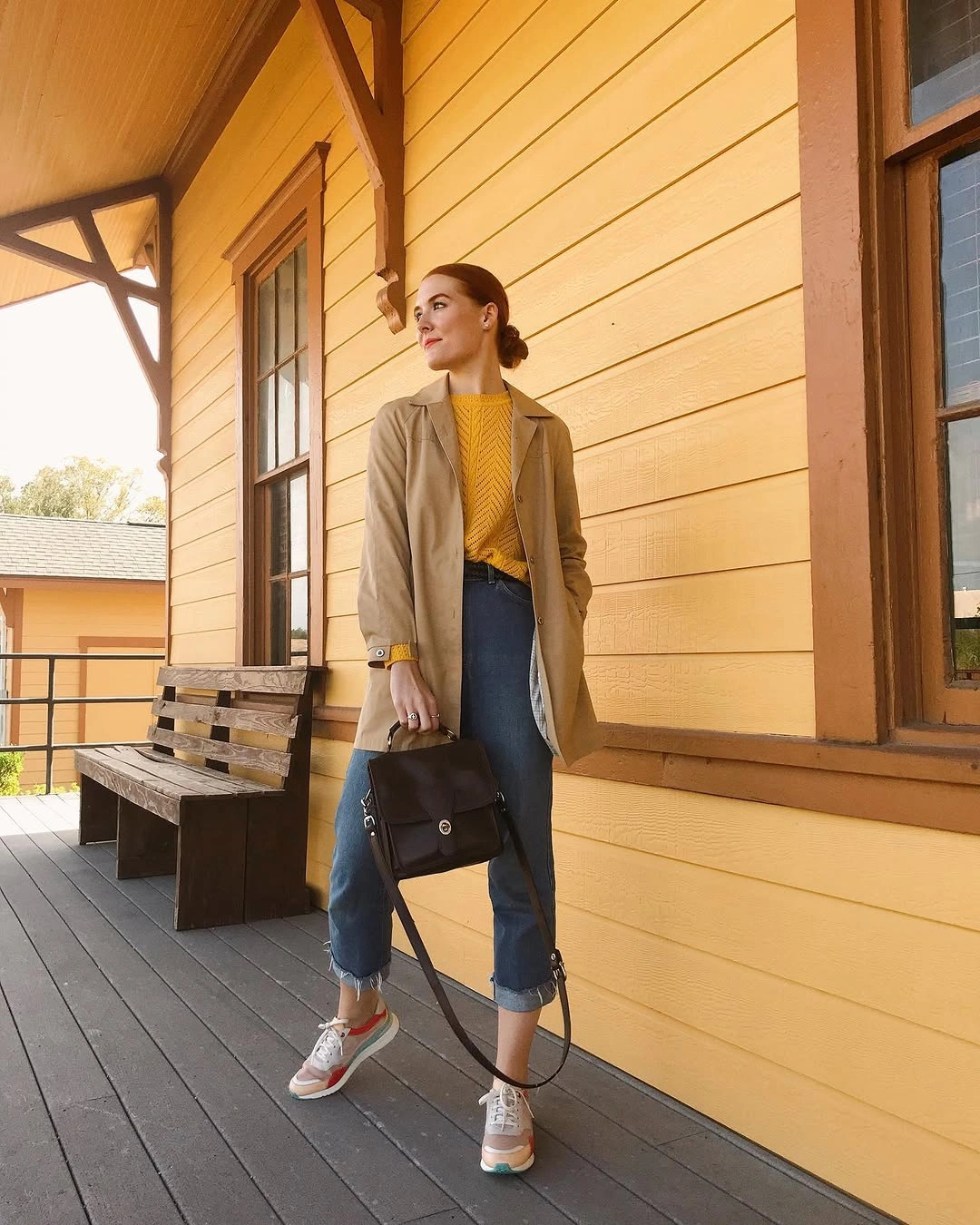 Trench coat fall outfits 2026 + Casual Tan Trench With A Yellow Knit And Cuffed Jeans