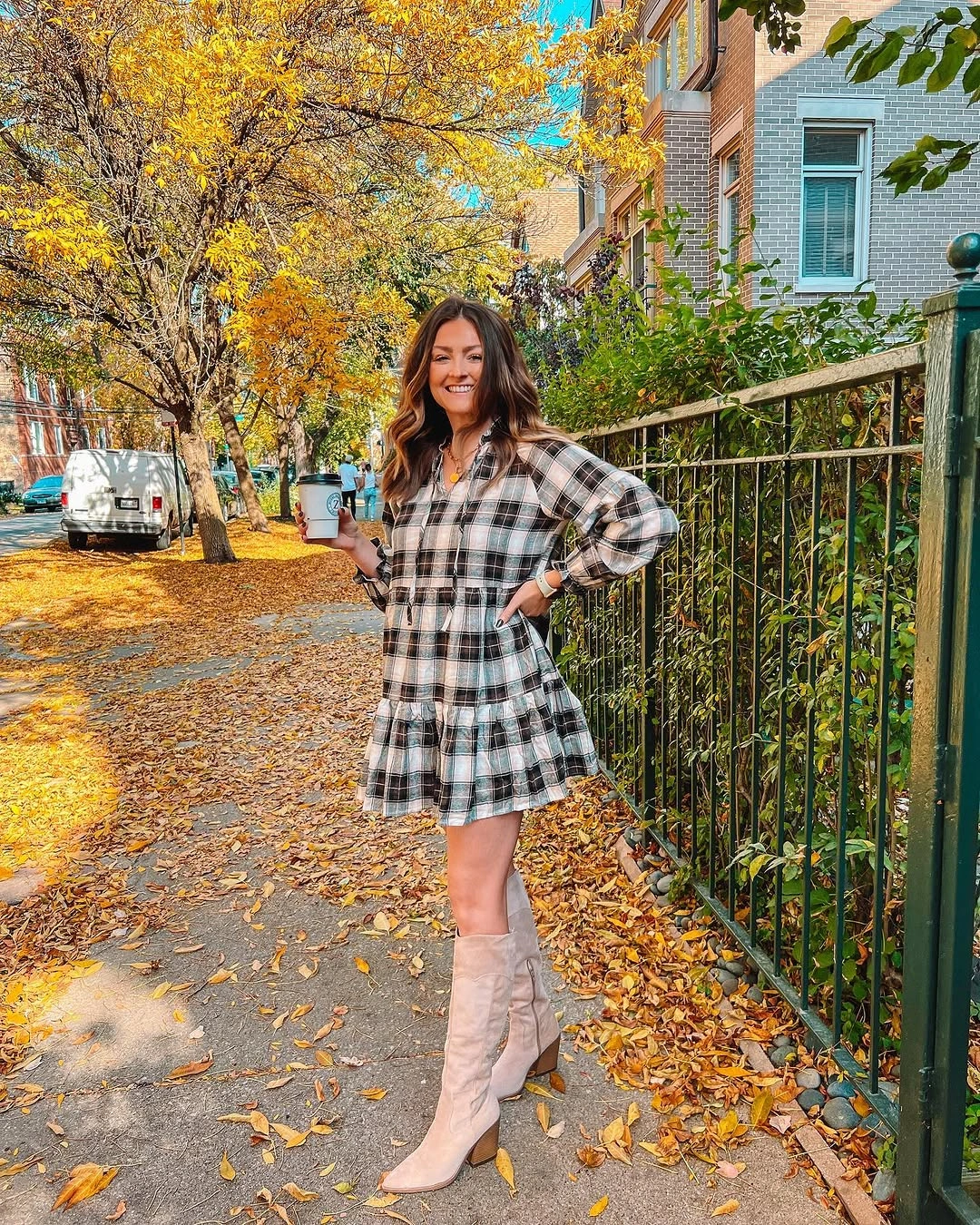 what are the best fall outfits for casual days? Plaid Shirt Dress With Soft Suede Boots