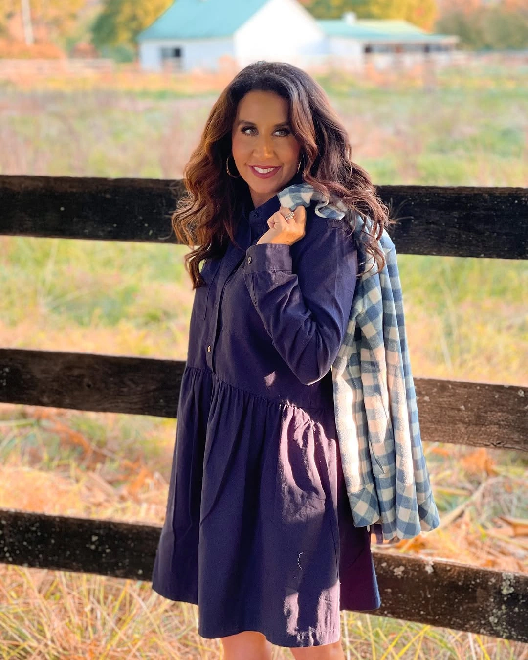 what are the best fall outfits for casual days? Navy Shirt Dress With a Soft Plaid Scarf