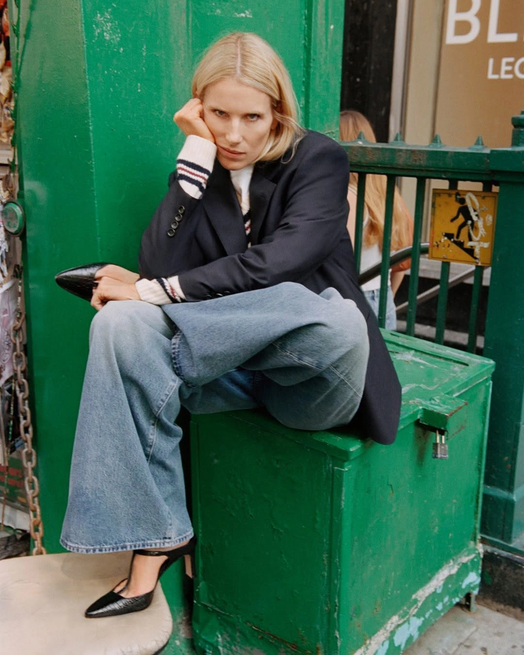 what are the best fall outfits for casual days? Blazer, Striped Knit, and Relaxed Wide-Leg Jeans