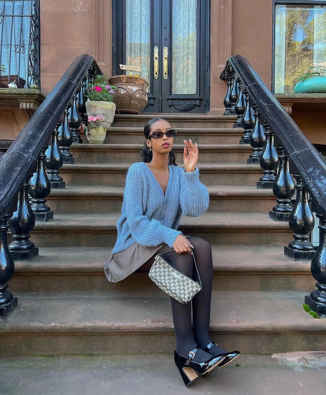 what are the best fall outfits for casual days? Blue Cardigan And Mini Skirt With Black Tights