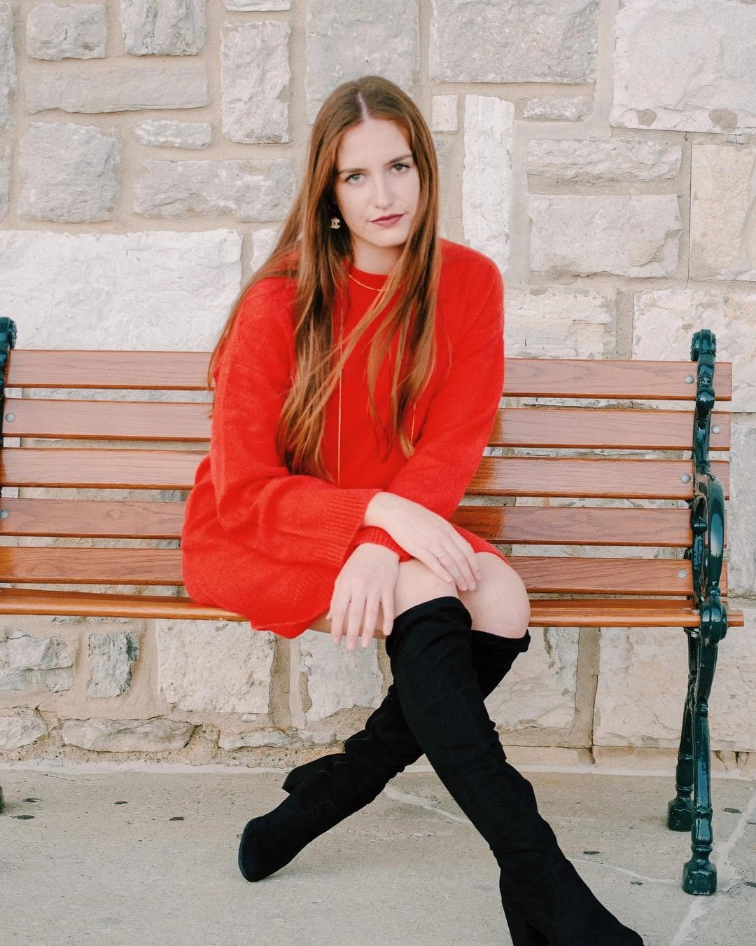what are the best fall outfits for casual days? Red Sweater Dress With Black Over-the-Knee Boots