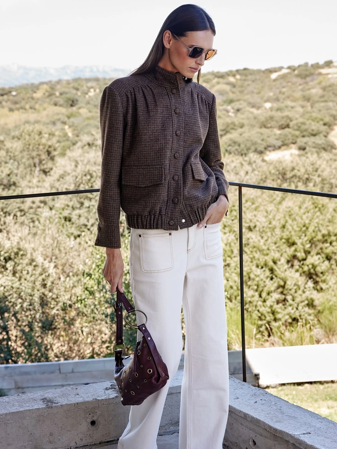 what are the best fall outfits for casual days? Brown Textured Jacket With White Wide-Leg Jeans