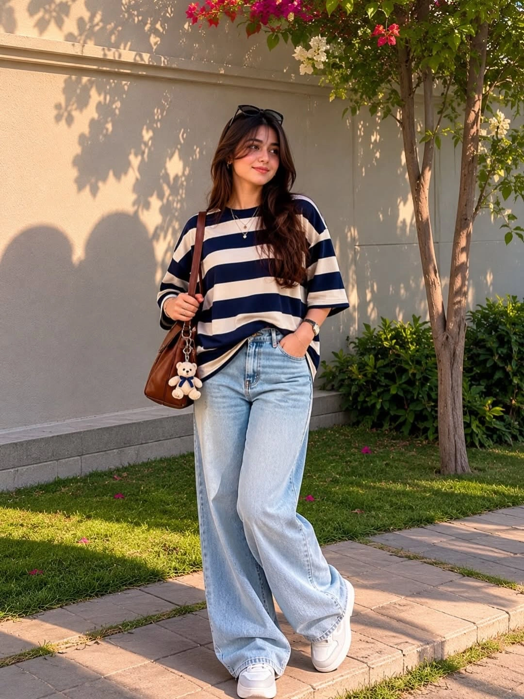 wide leg jeans outfit fall 2026 + Navy Stripes and Light Denim for a Relaxed Weekend