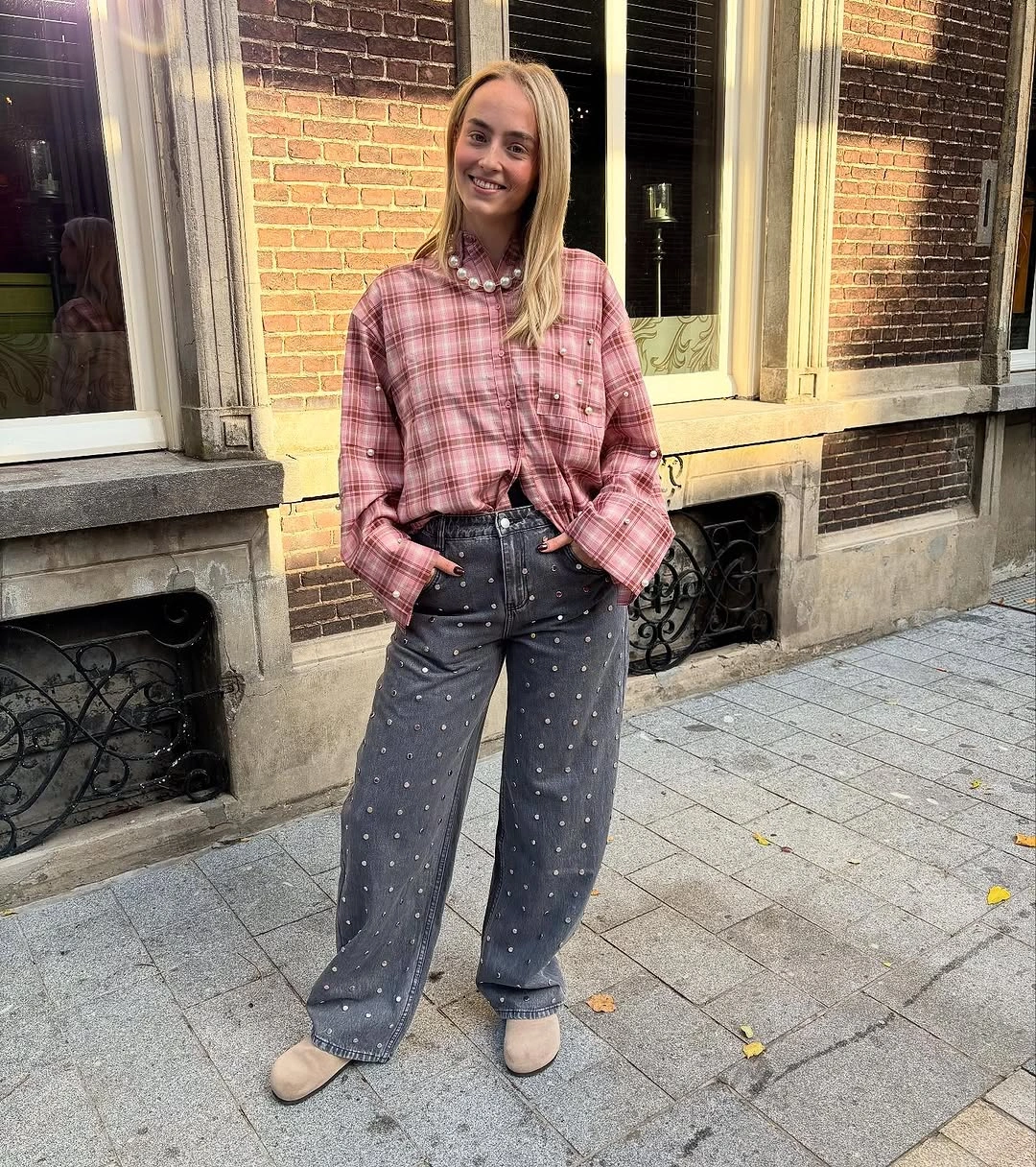 wide leg jeans outfit fall 2026 + Pink Plaid and Studded Gray Denim with Soft Boots