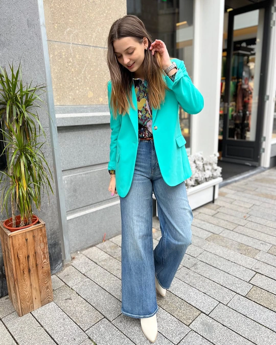 wide leg jeans outfit fall 2026 + Turquoise Blazer and White Boots for a Confident Workday