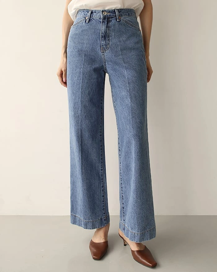 wide leg jeans outfit fall 2026 + Wide-Leg Denim and Brown Kitten-Heel Mules