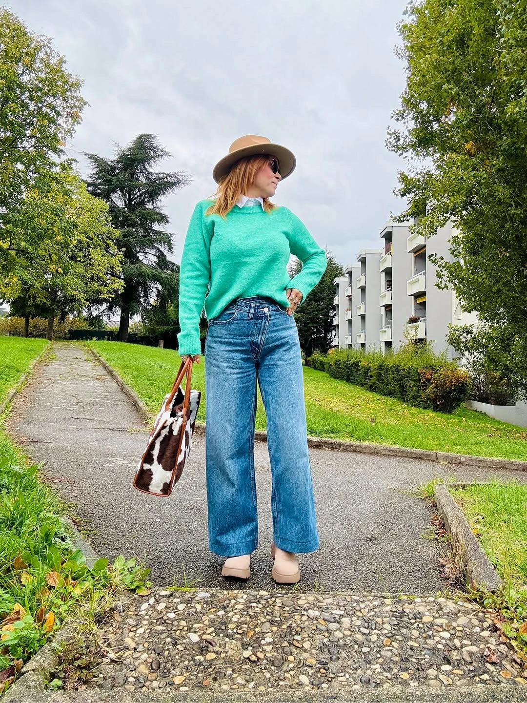 wide leg jeans outfit fall 2026 + Mint Green Knit and Wide-Leg Jeans for a Brighter Fall Day