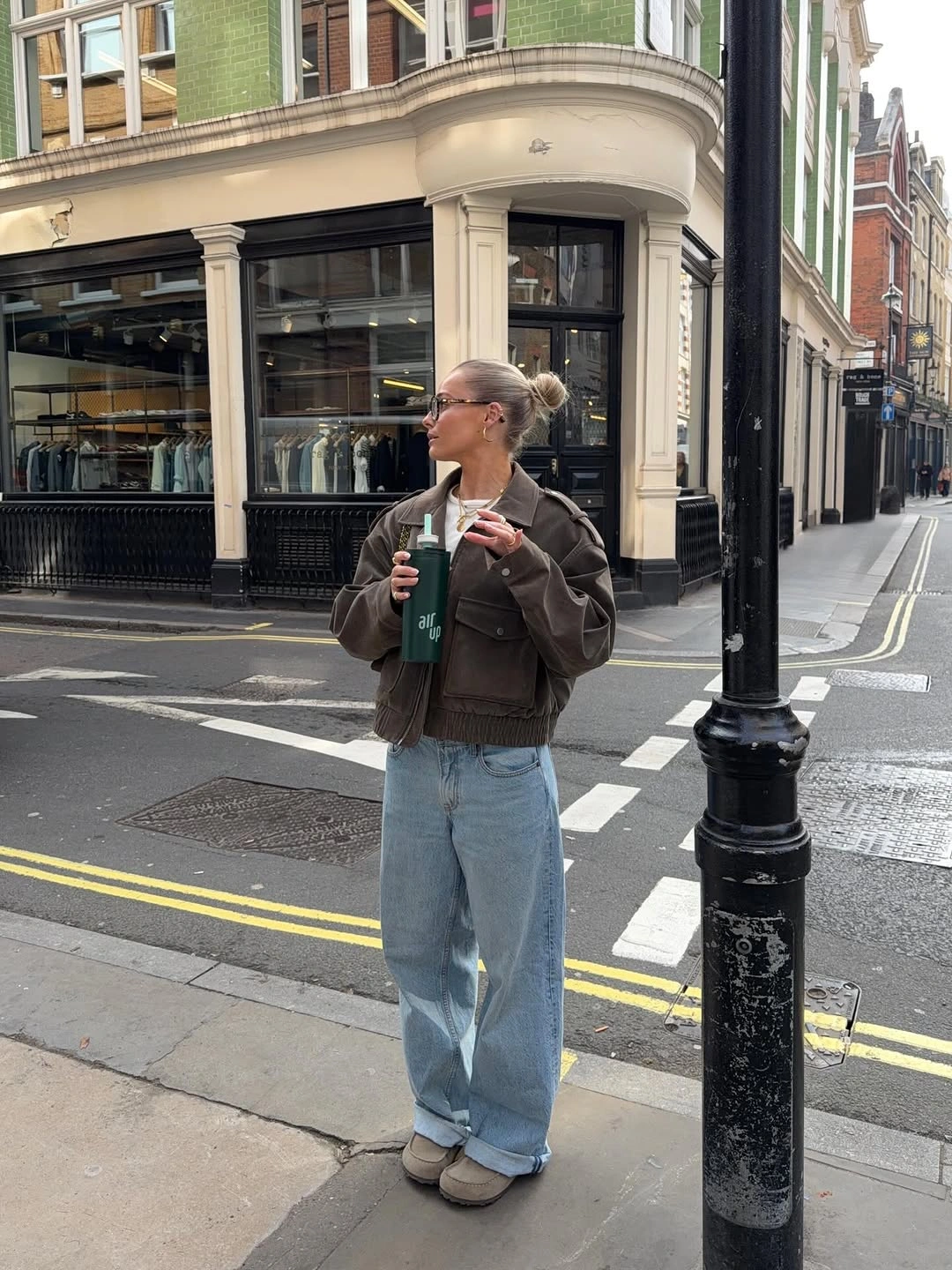 wide leg jeans outfit fall 2026 + Brown Utility Jacket with Cuffed Light-Wash Jeans