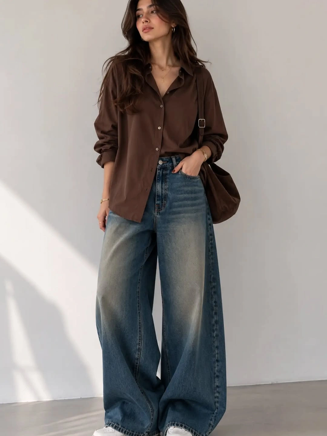 wide leg jeans outfit fall 2026 + Chocolate Button-Down and Dark Wide-Leg Jeans