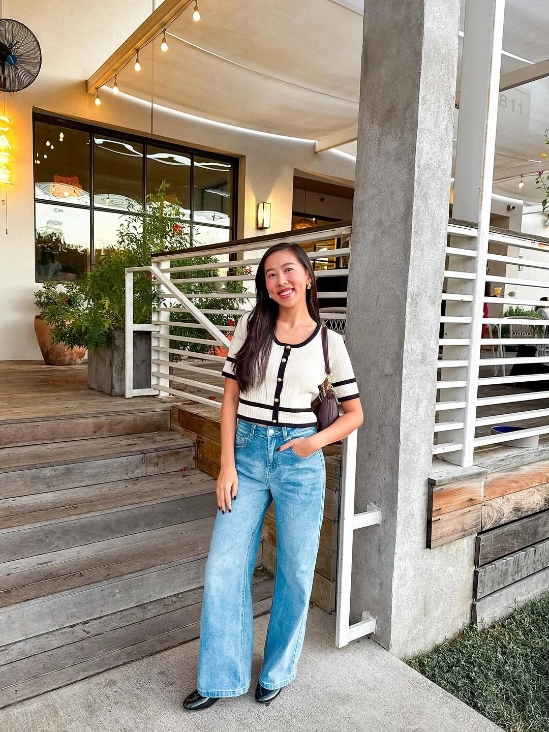 wide leg jeans outfit fall 2026 + Trimmed Knitwear and Light-Wash Denim for a Polished Lunch