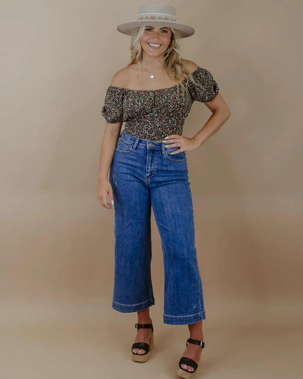 wide leg jeans outfit fall 2026 + Floral Off-the-Shoulder Top and Cropped Denim for Date Night
