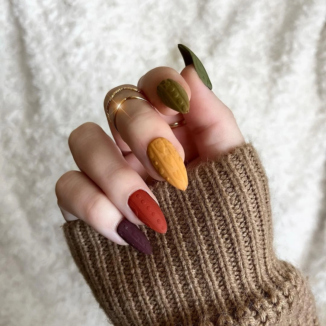Matte almond nails in olive mustard orange burgundy and brown shades