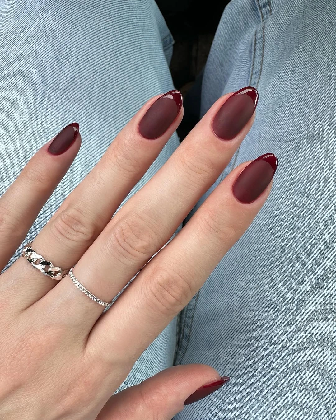 Long burgundy matte nails with glossy tonal tips