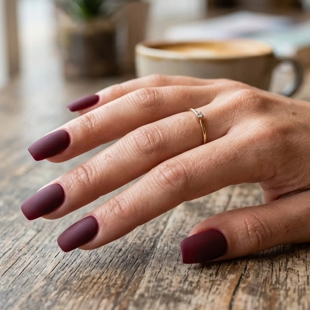 Medium-long square nails in a relaxed wine matte color