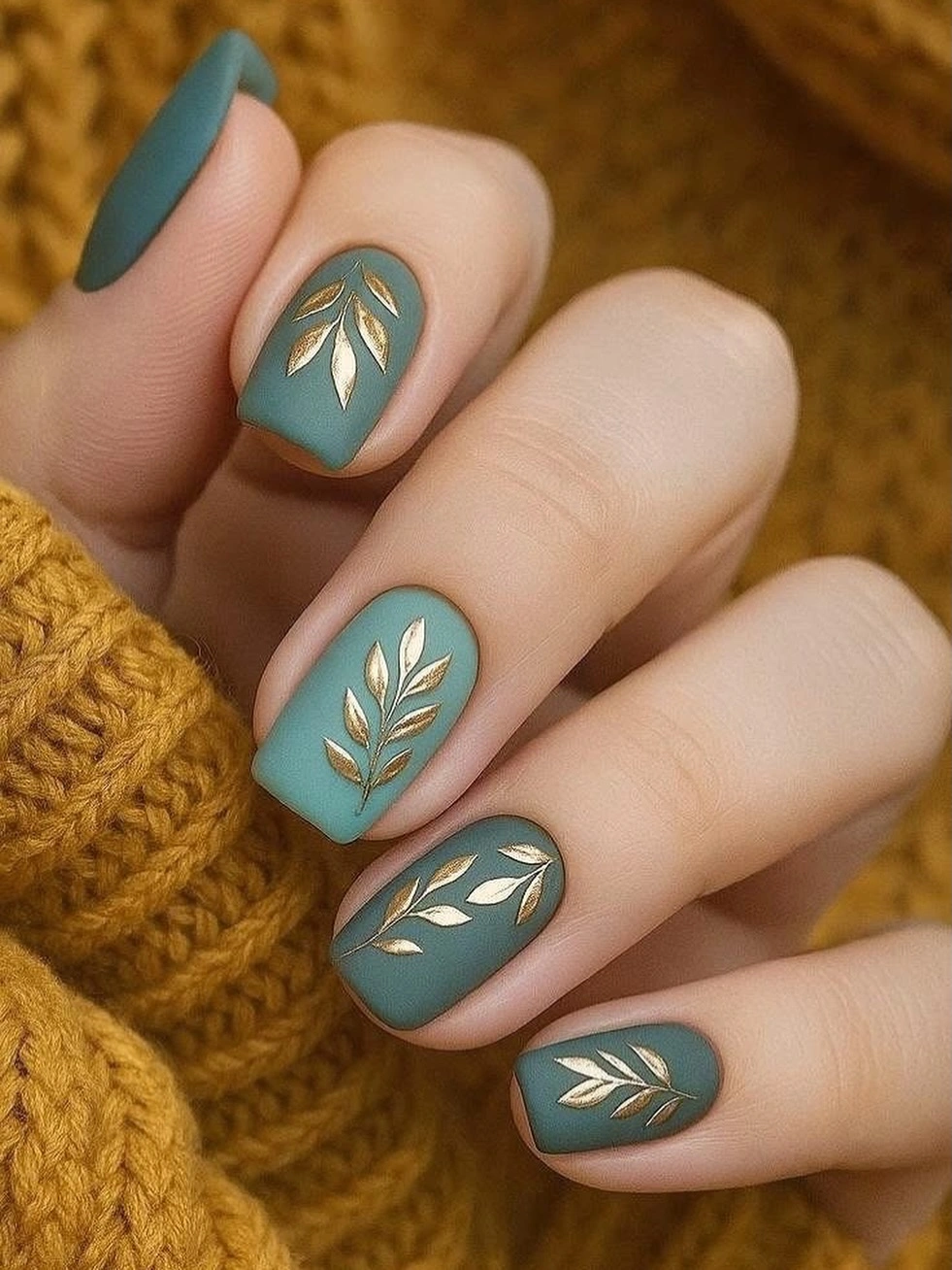 Short teal matte nails with pale leaf line accents