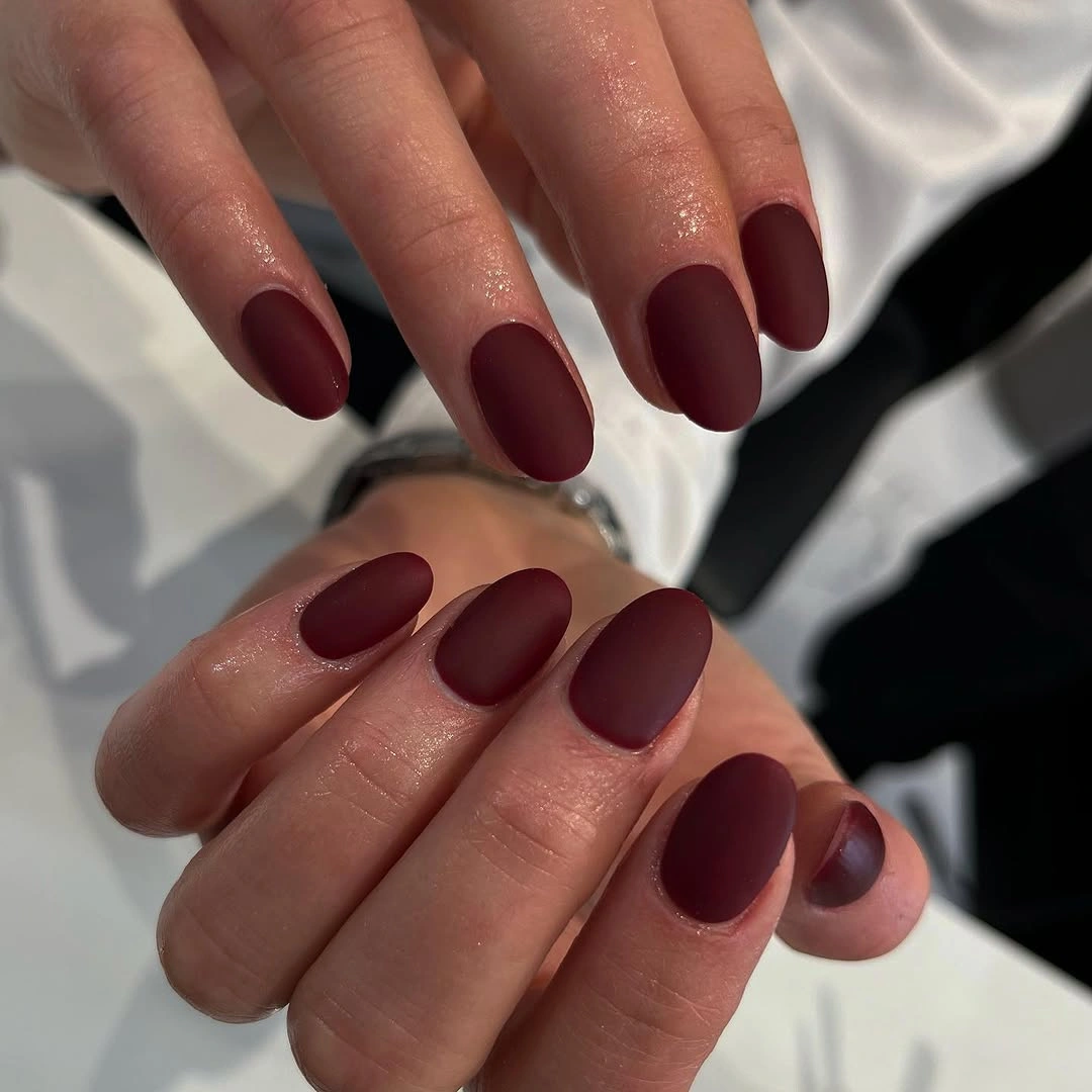 Compact oval nails in a deep burgundy matte finish