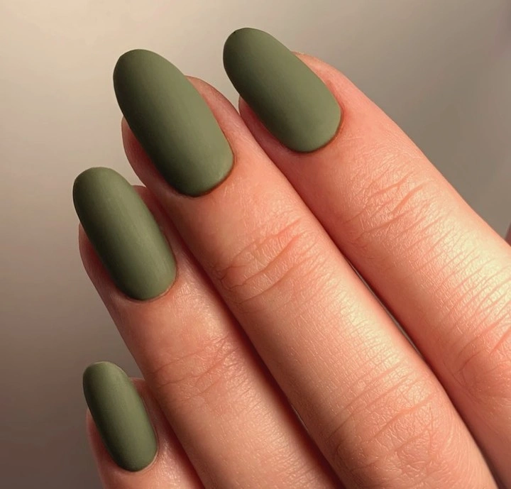 Medium rounded square nails in muted olive matte color
