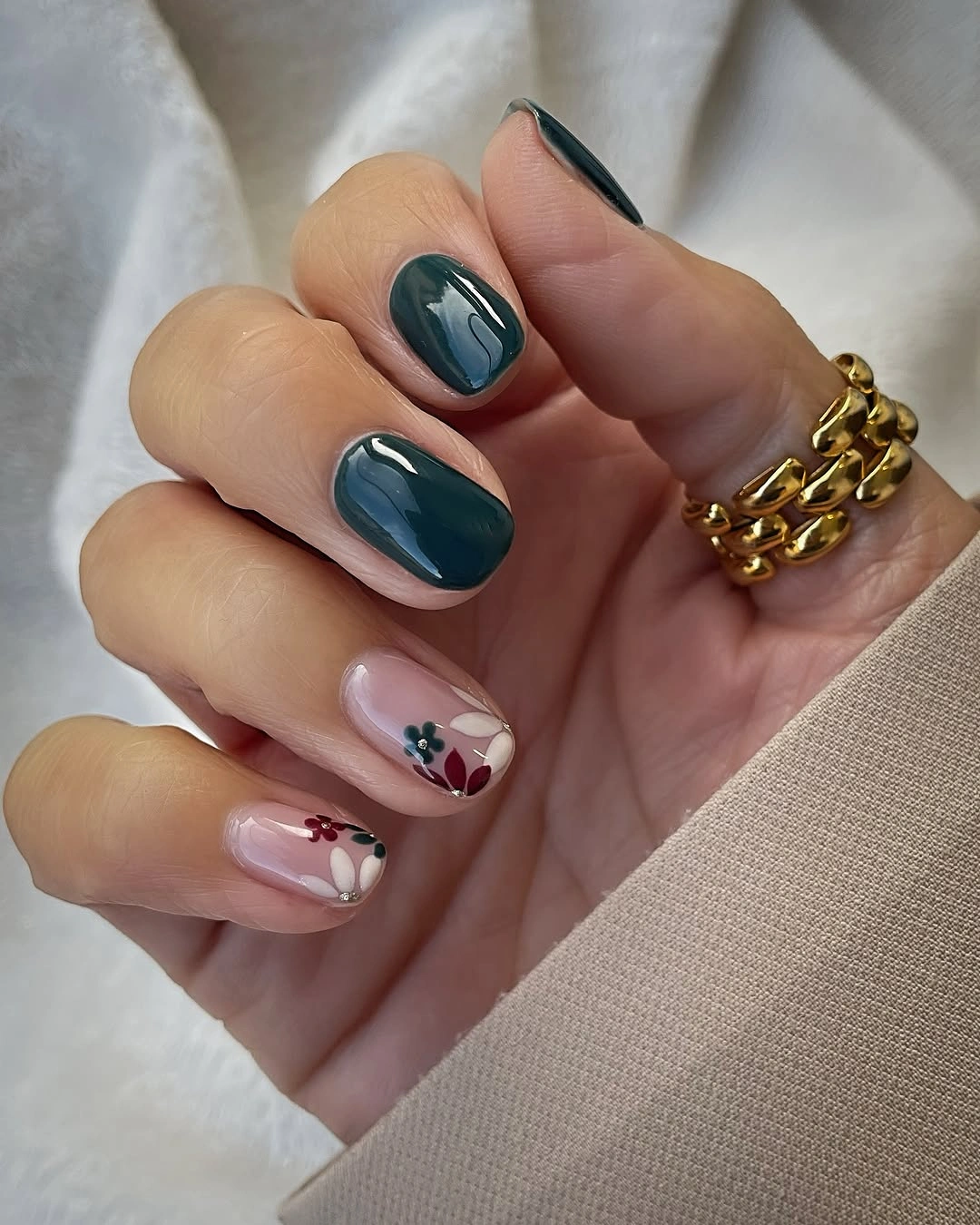 short square chocolate nails with multicolor glitter accents