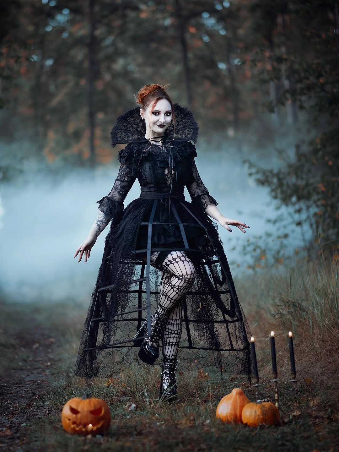 black with very small warm red-brown background notes outfit with defined bodice, layered skirt, high collar, and fitted leg line
