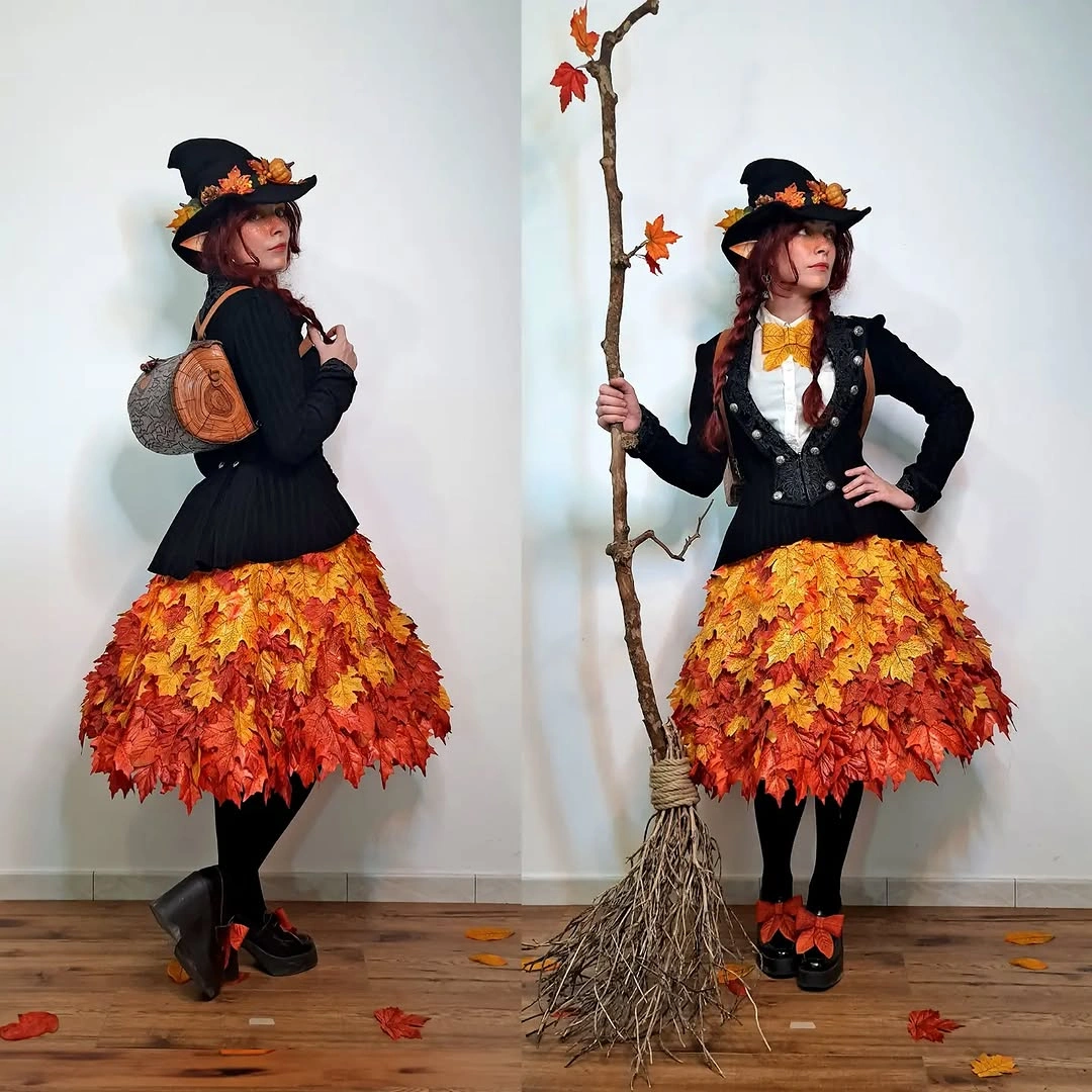orange outfit with fitted black tops over voluminous leaf-textured skirts