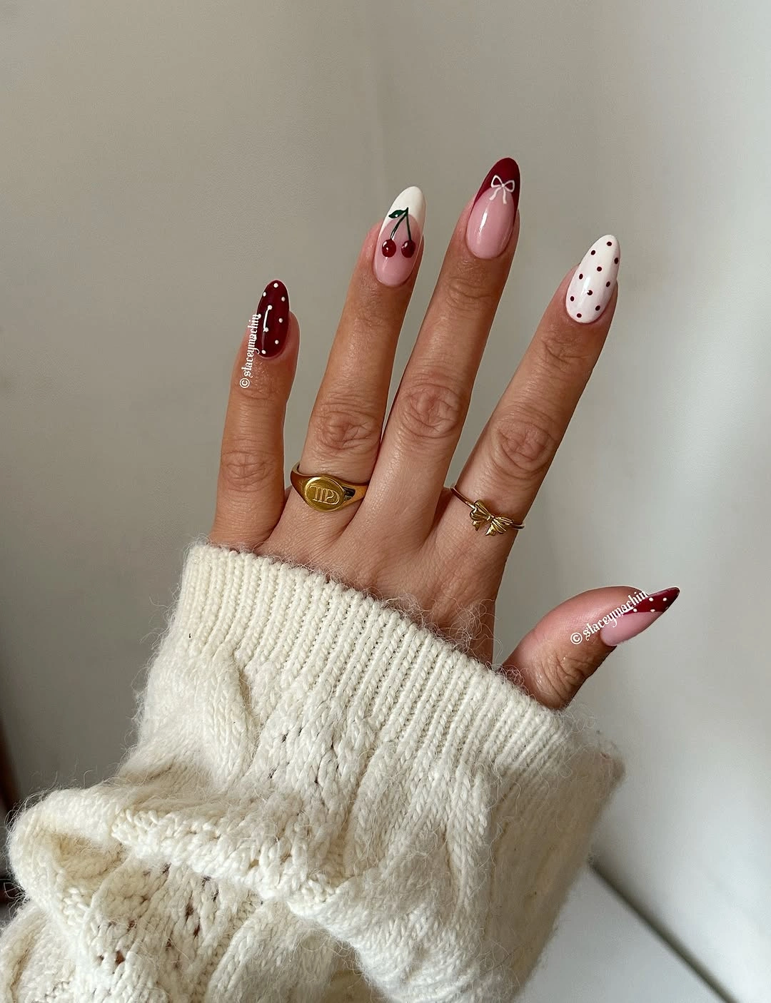 medium square nails with cherries dots and burgundy tips
