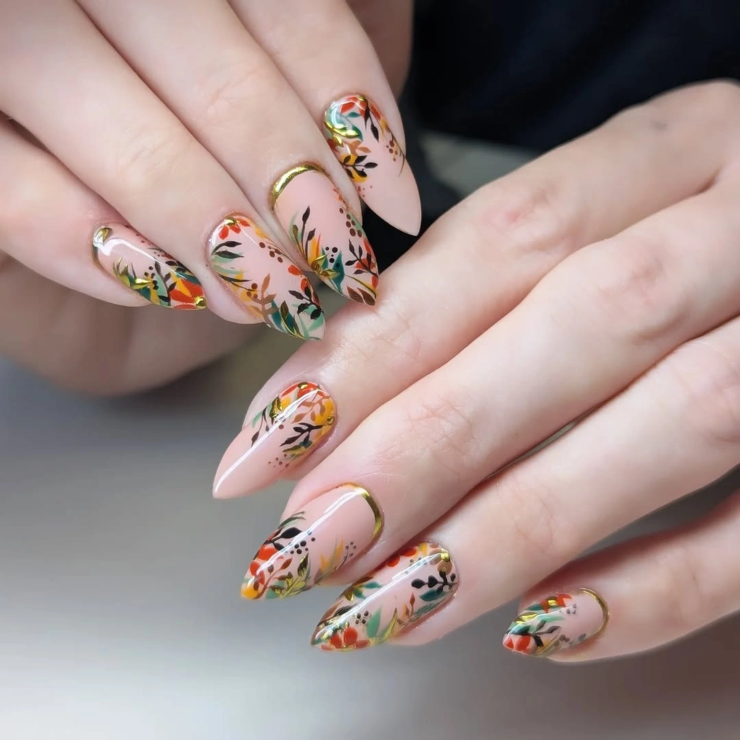 Long almond nails with dense multicolor fall florals