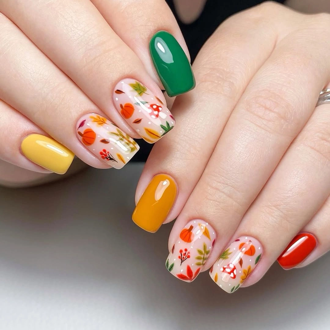 Mustard green and floral short nails