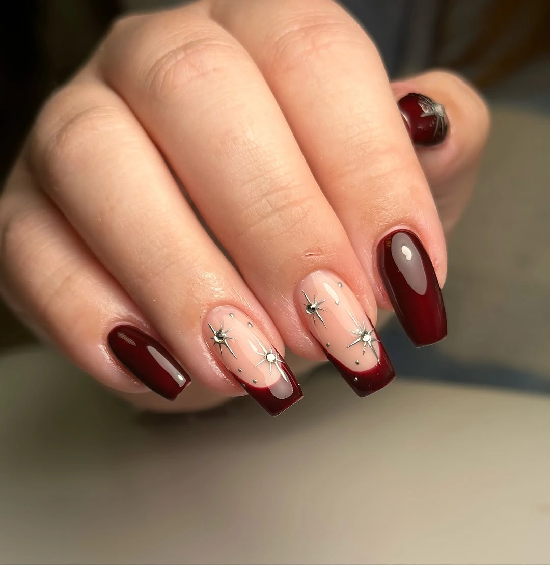 short square burgundy nails with nude radiating line accents