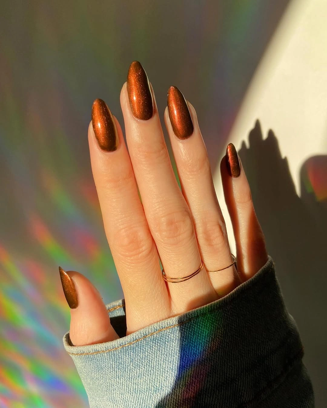 Fall nail idea: long almond copper metallic manicure
