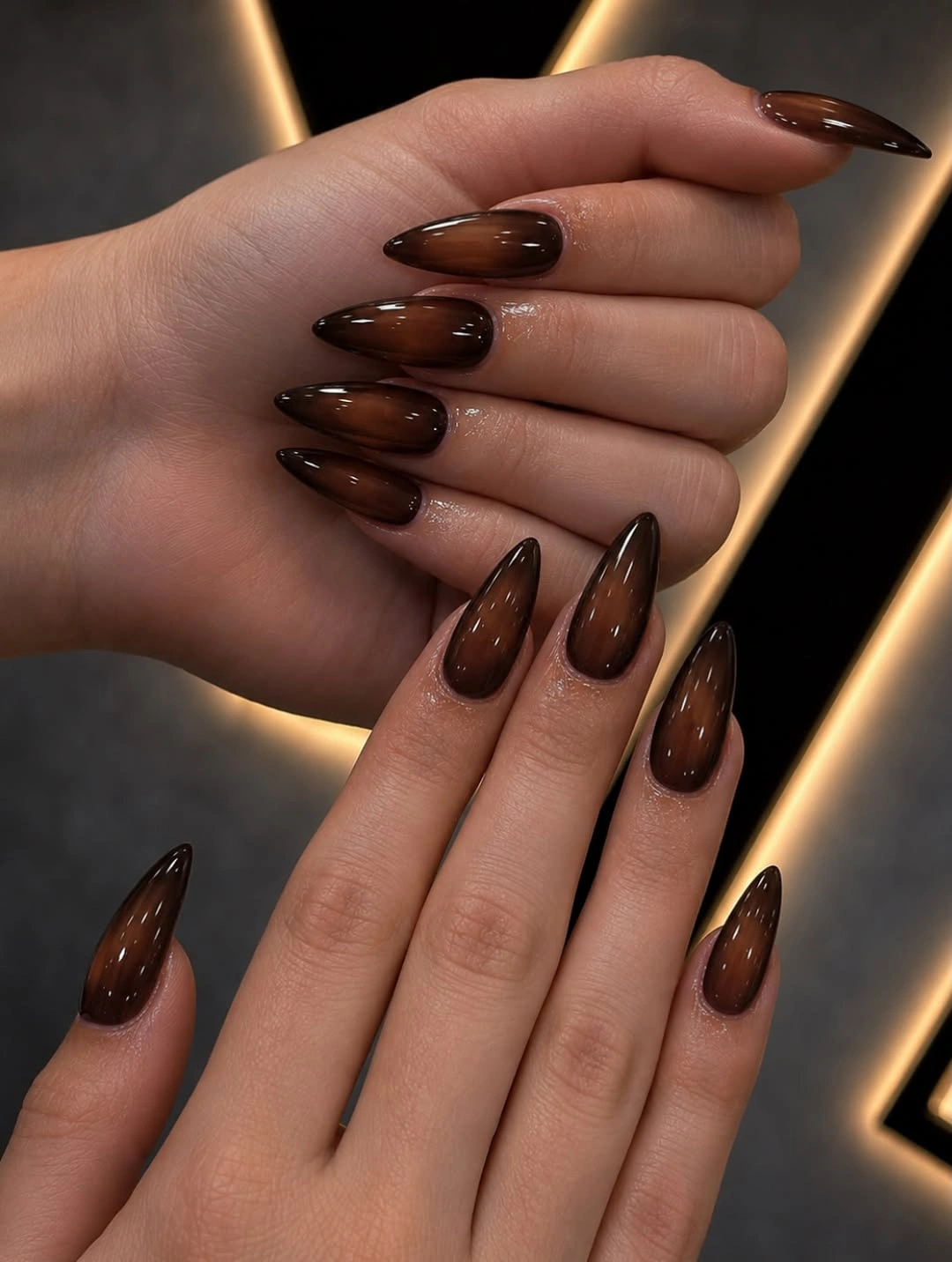 Fall nail idea: long pointed almond smoky espresso manicure