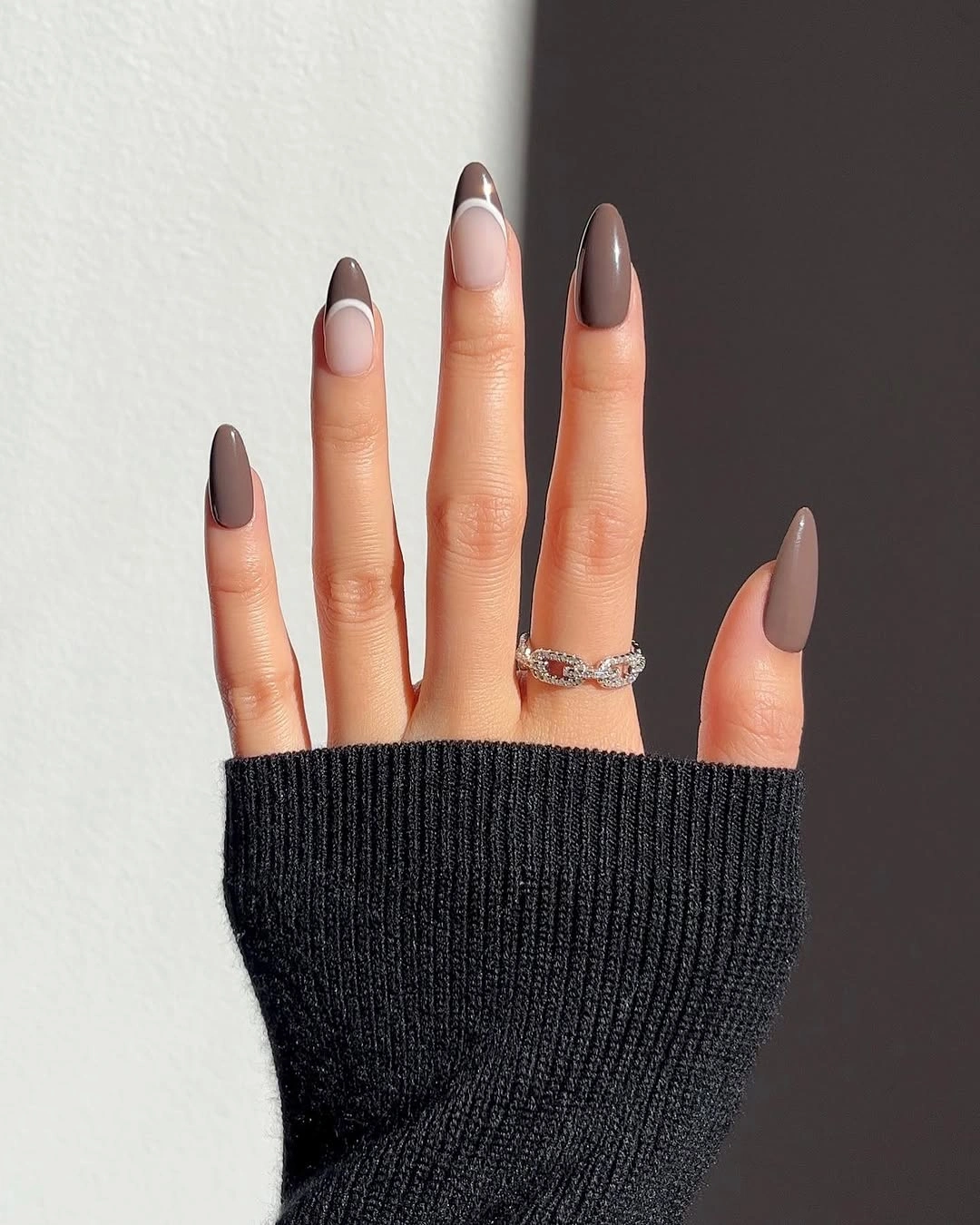 long almond nails with gray and brown French tips