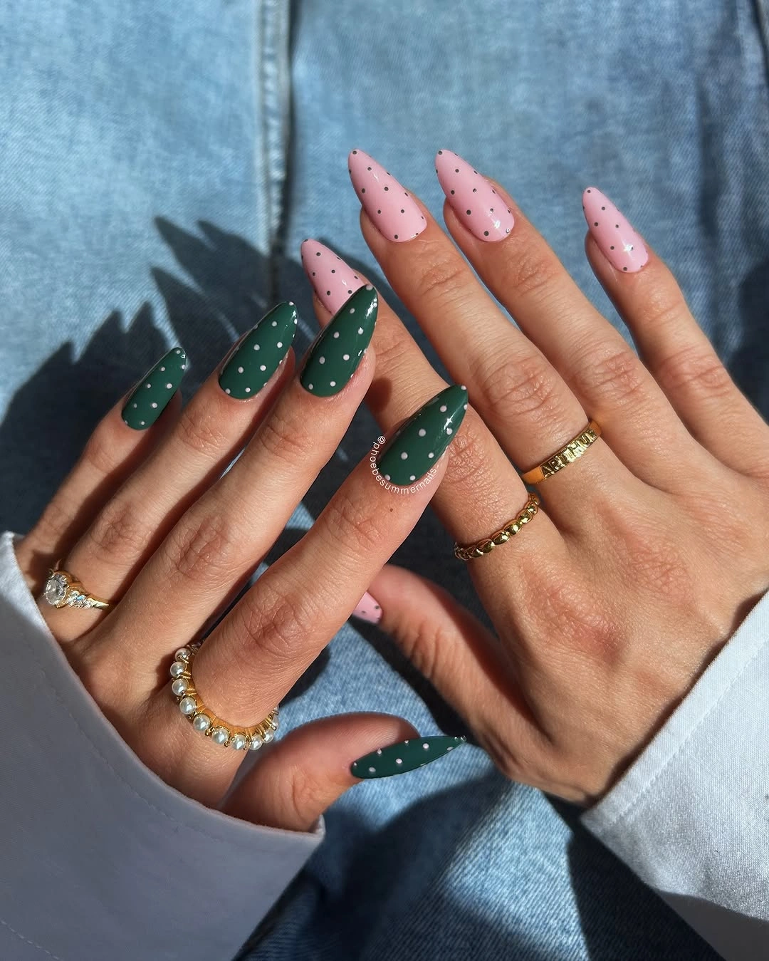 long almond nails in green and pink with white dots
