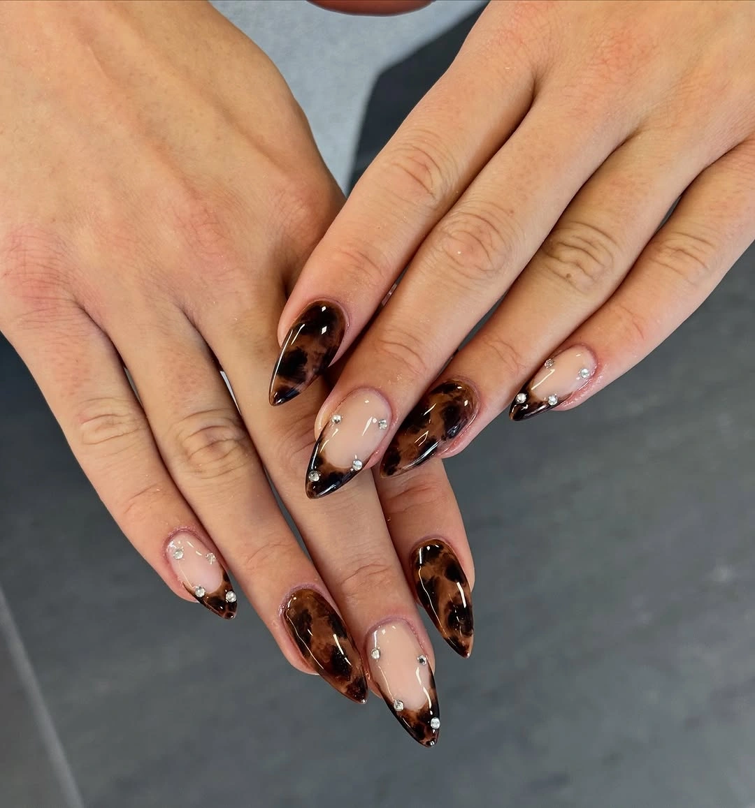 Sheer nude almond nails with dark patterned tips
