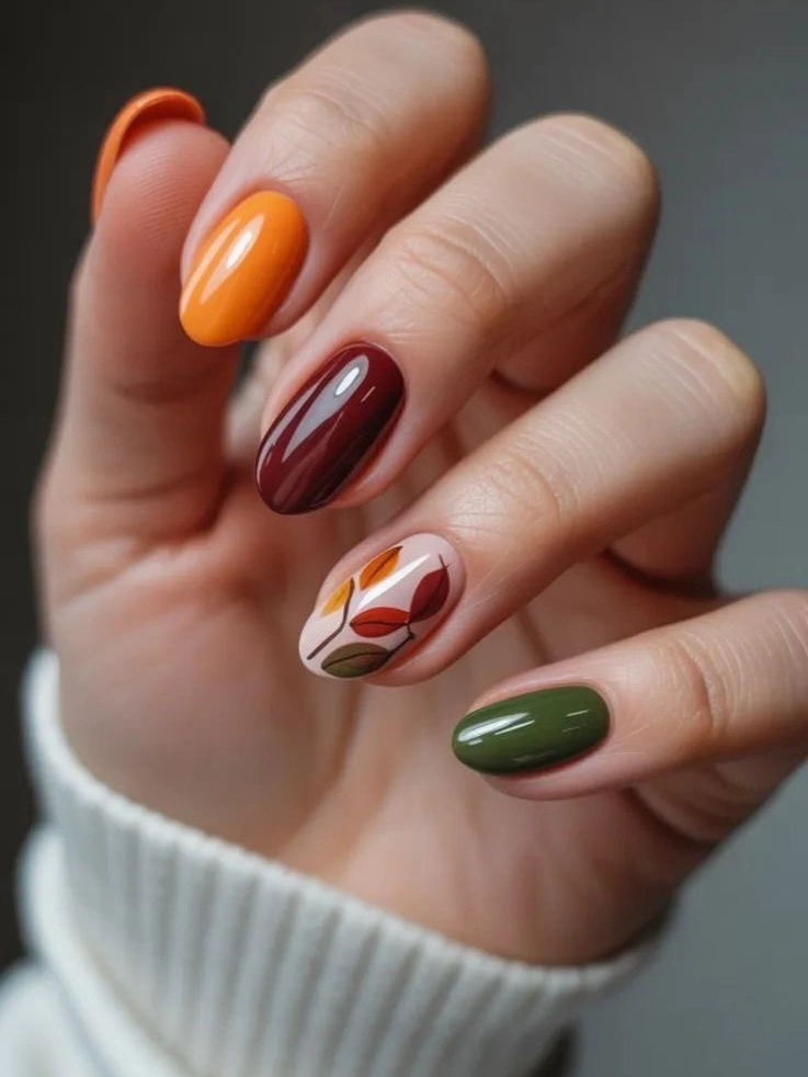 Medium almond nails with orange green and cream linework