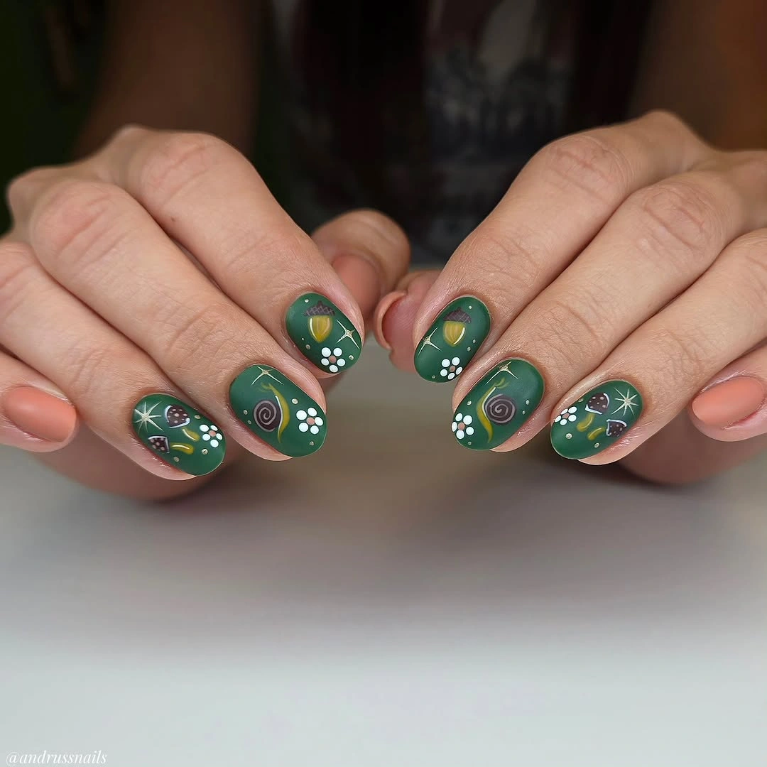 Short deep green nails with colorful dots and motifs
