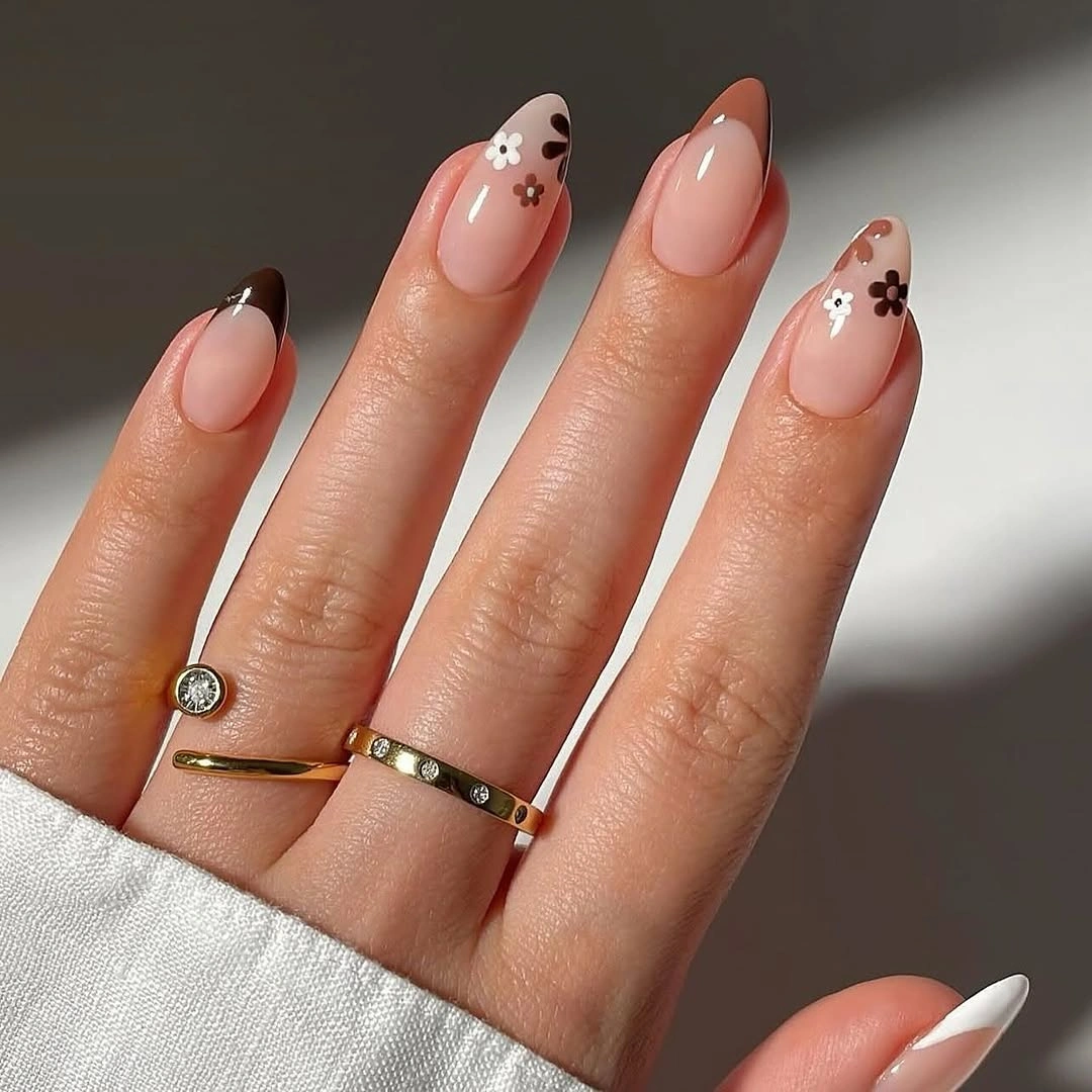 blush nails with burgundy and cream fall details