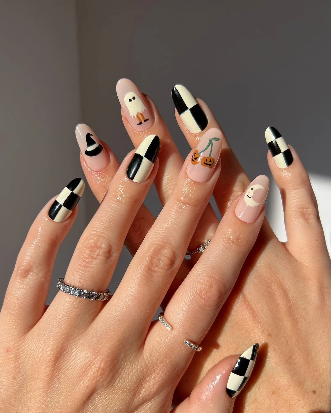 black and white checker French nail accents