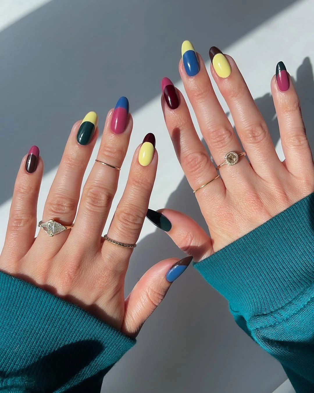 Bright mismatched almond fall nails