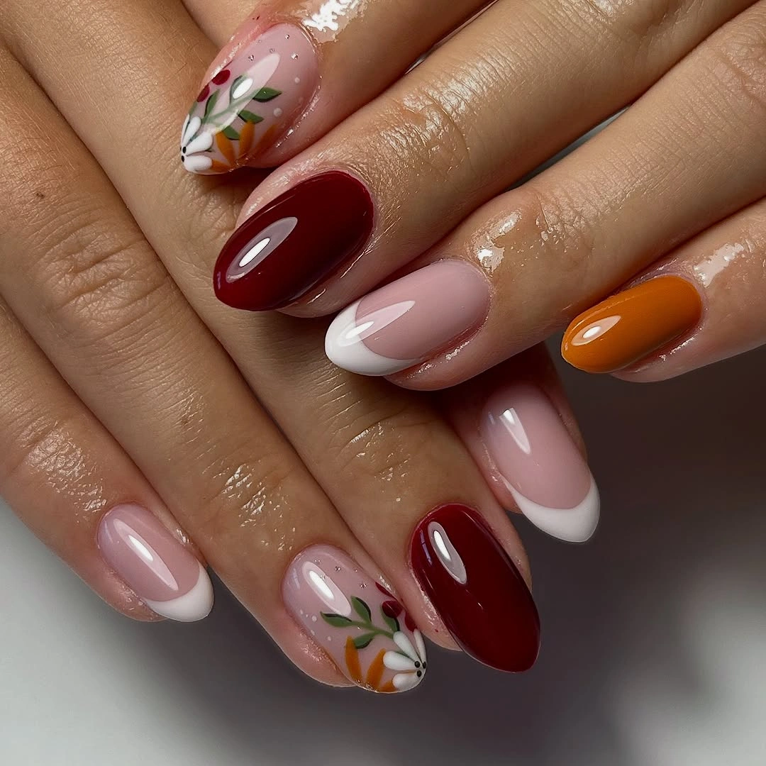 Burgundy orange and white French nails