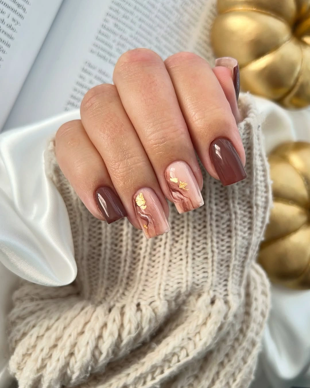 medium square brown nails with pale foil accents