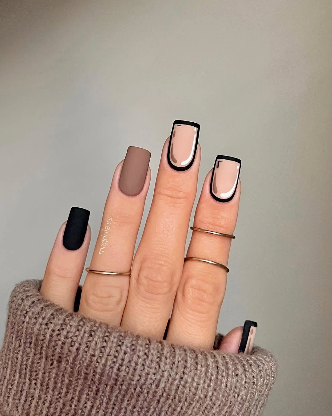 short square nails with black nude taupe neutral blocks