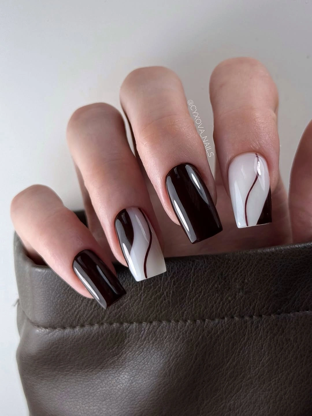 short square nails with glossy black and white panels