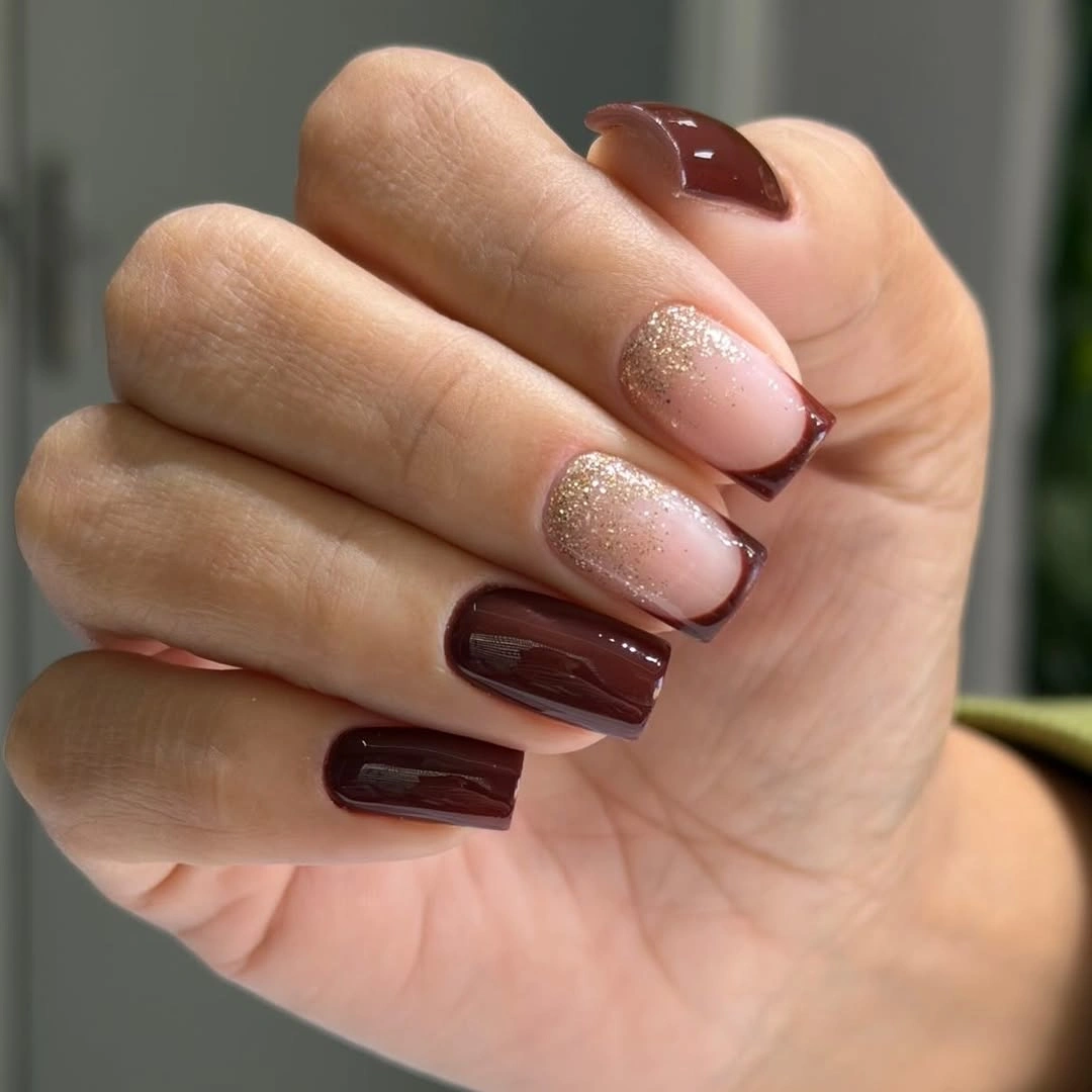 short square brown tips with a pale glitter fade