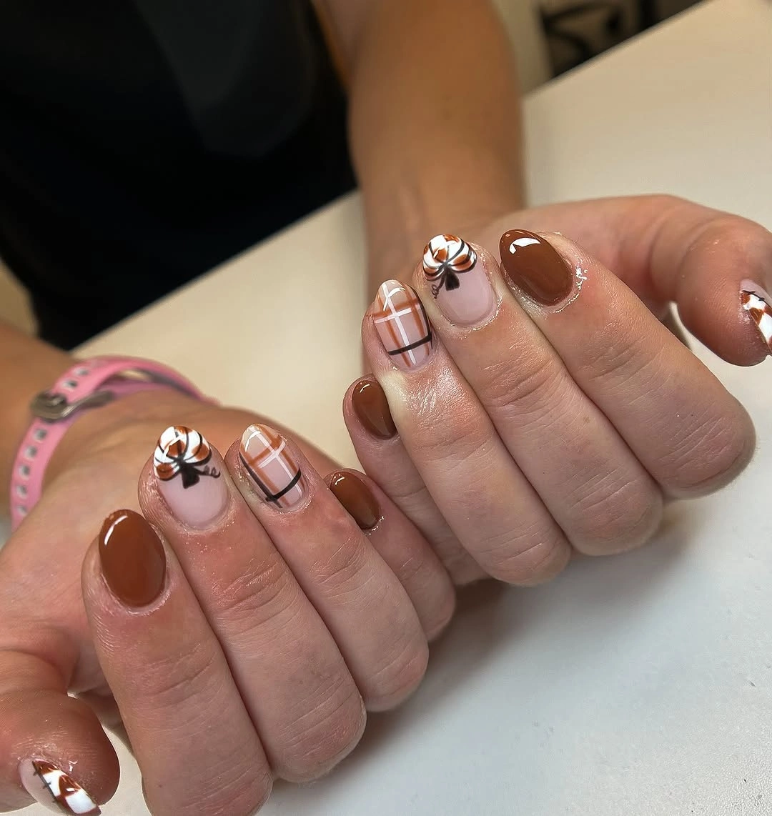 brown plaid with small metallic details