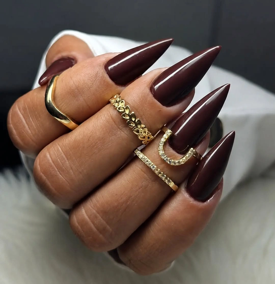 long espresso-brown stiletto nails with glossy finish