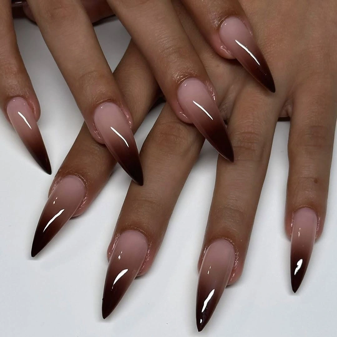 long nude to deep brown ombre stiletto nails