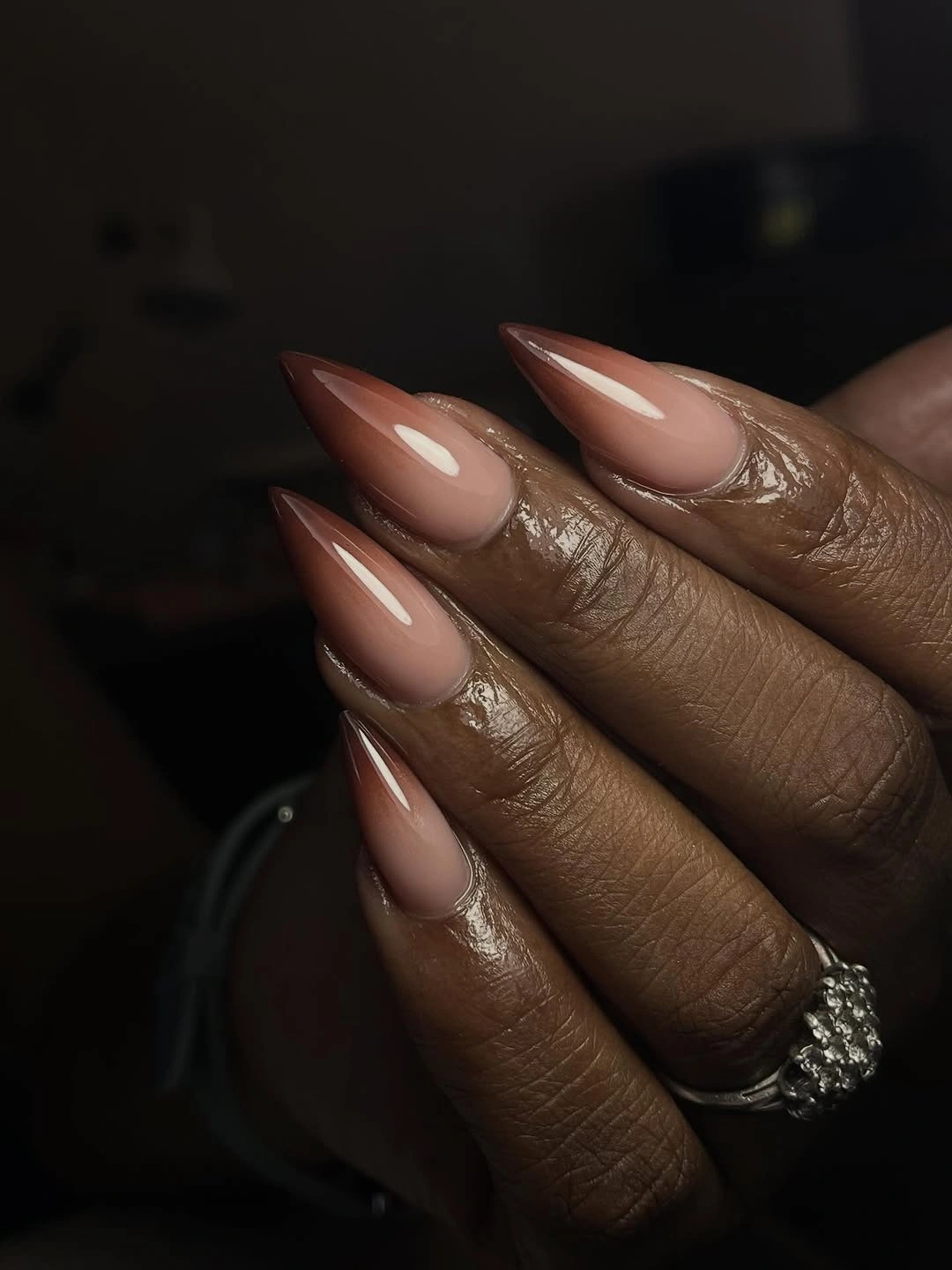 Smoky taupe stiletto nails with darker tips
