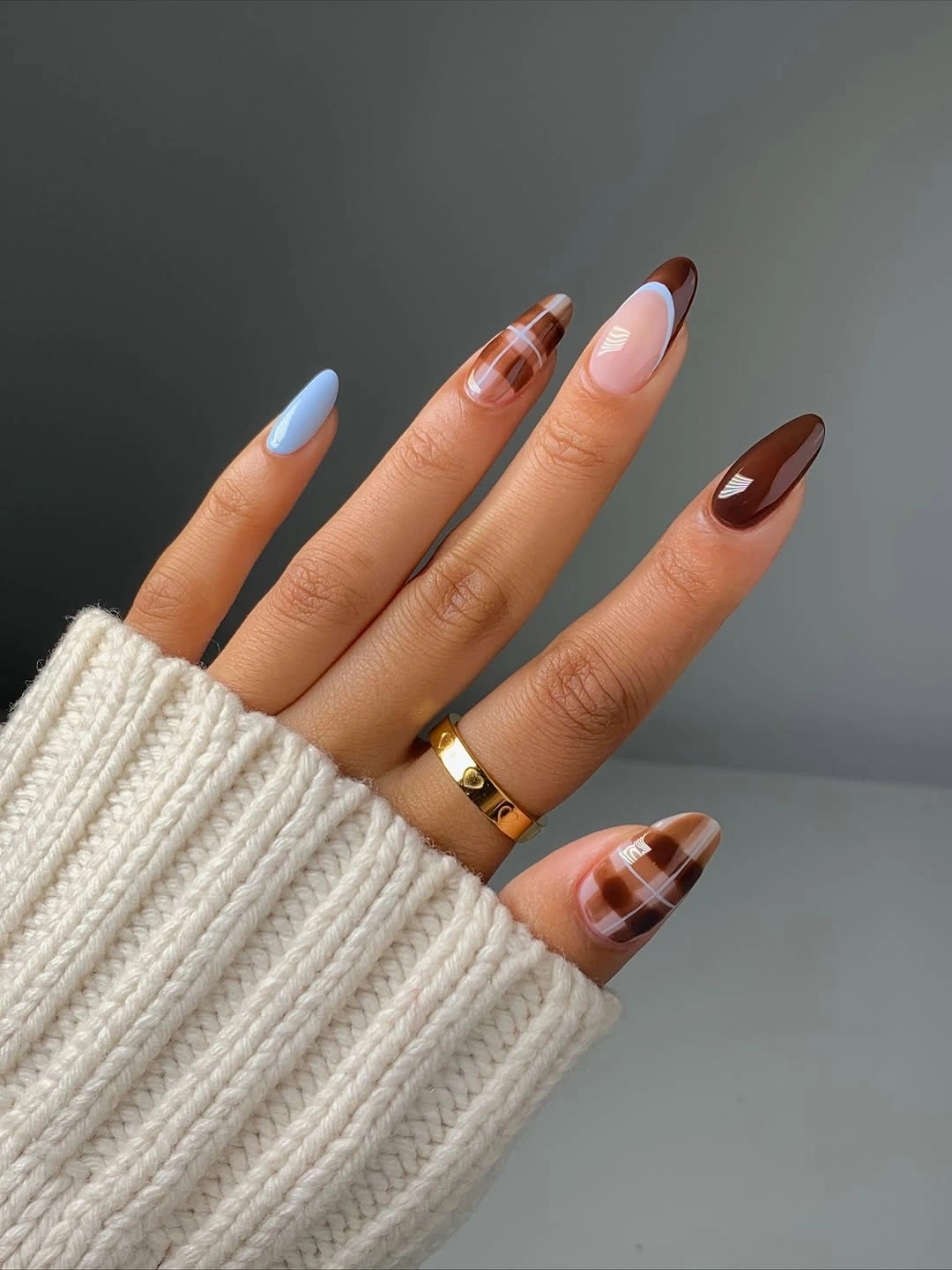 blue brown and nude with tiny plaid marks